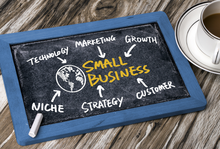 A chalkboard with a small business mind map.